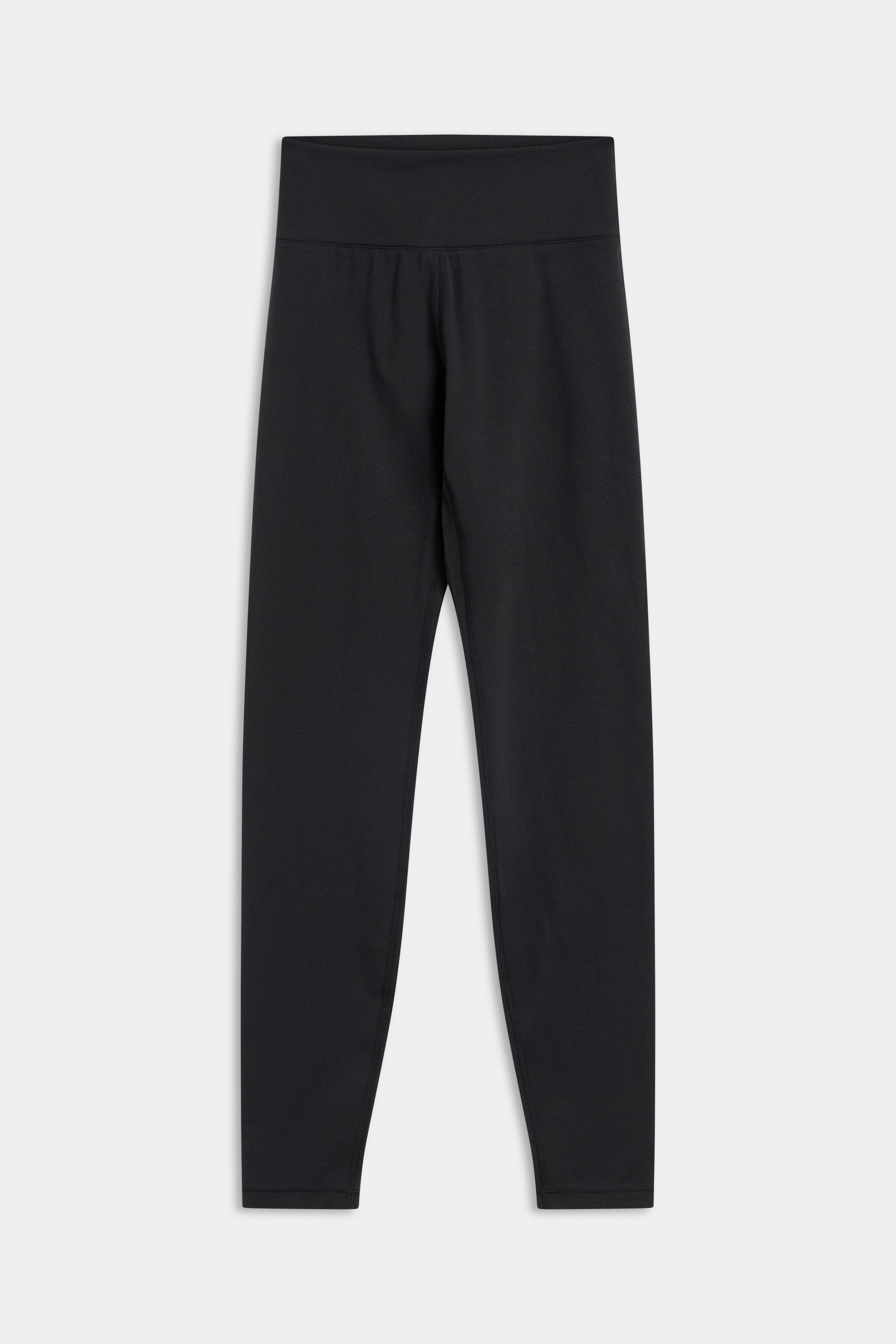 Black CASPARA Cloudform high-rise tall leggings laid flat on a light grey background.